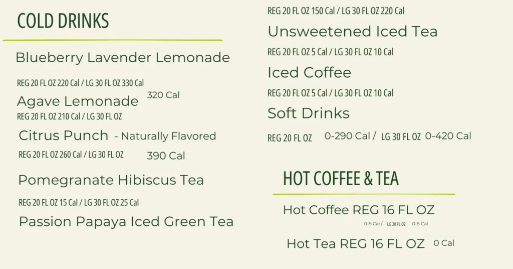 Panera Drinks Menu list